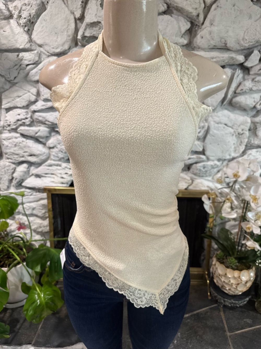 Cream Lace-Trim Halter Tank Top - Women's